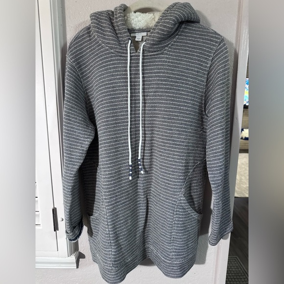 J. Jill Navy Blue and White Striped Hoodie Sweatshirt - Picture 1 of 7